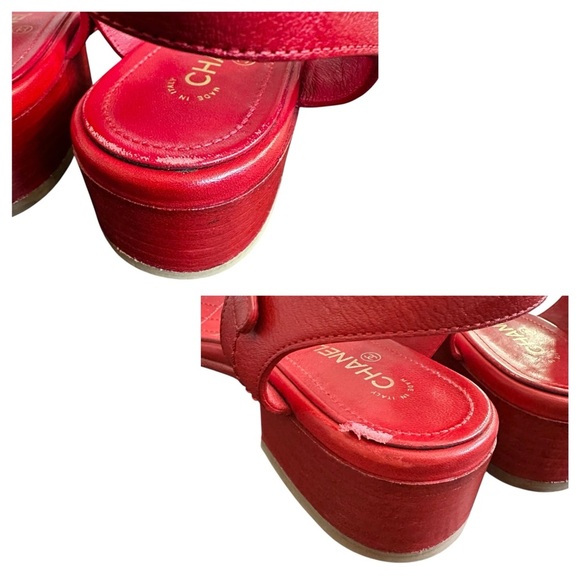 Authentic CHANEL Red Lambskin Leather Mattelasse & Gold Sandals Dress Shoes 37 C - Picture 16 of 16